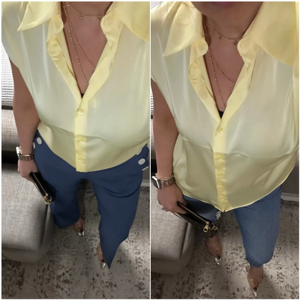 New๐Elegant Yellow short sleeve button front blouse - Picture 3 of 8